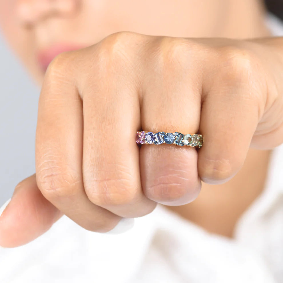 Rainbow Sapphire Round And Baguette Ring