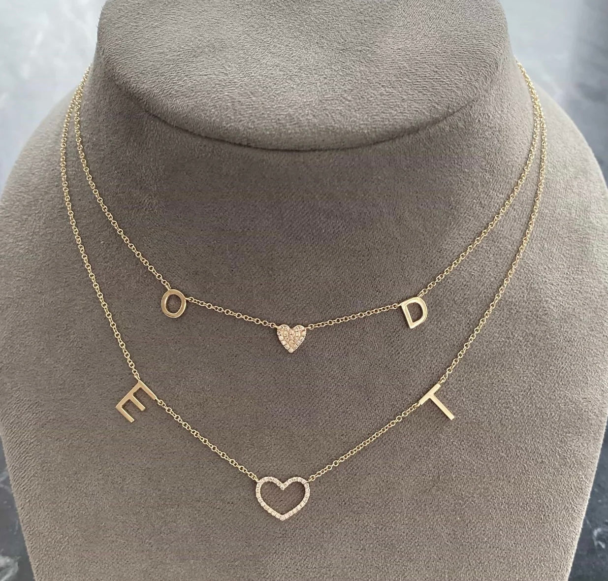 Gold Initials Cutout Pave Heart Necklace