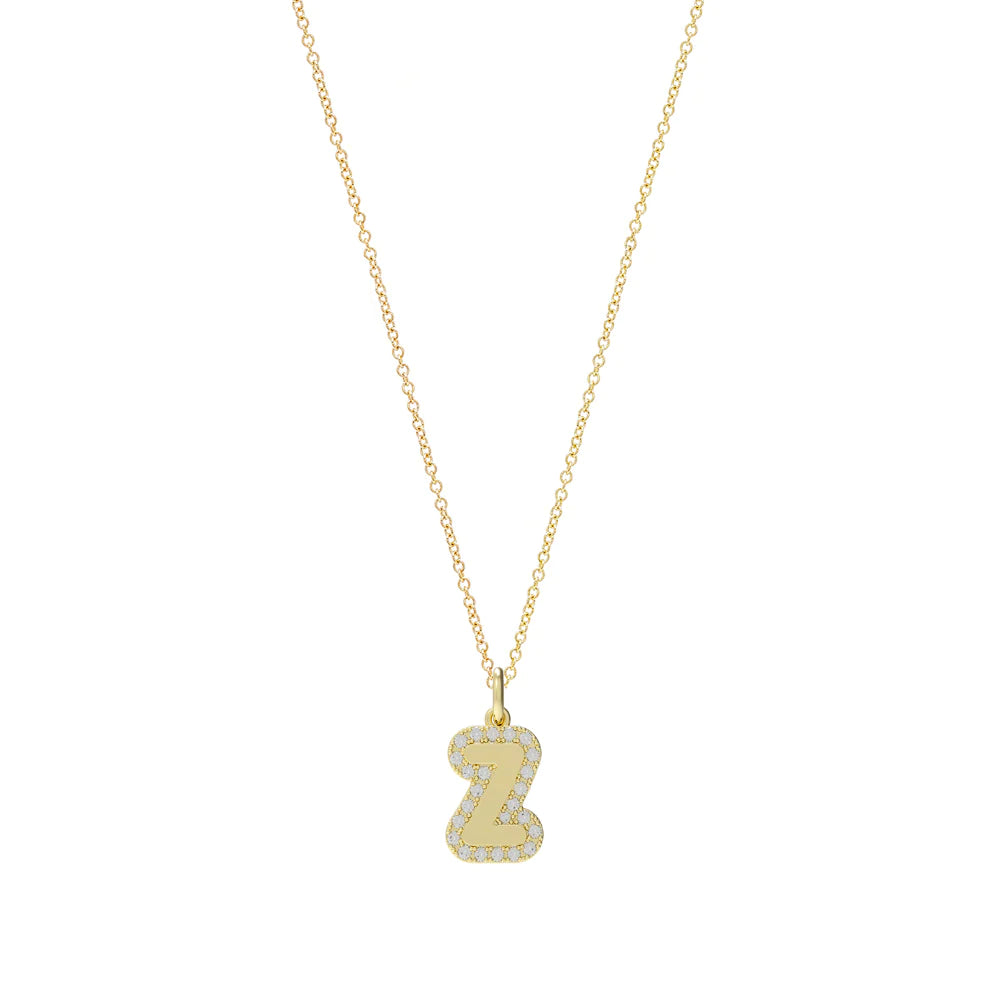 Large Bubble Initial Charm With Pave Outline Necklace