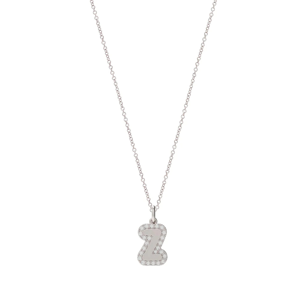 Large Bubble Initial Charm With Pave Outline Necklace