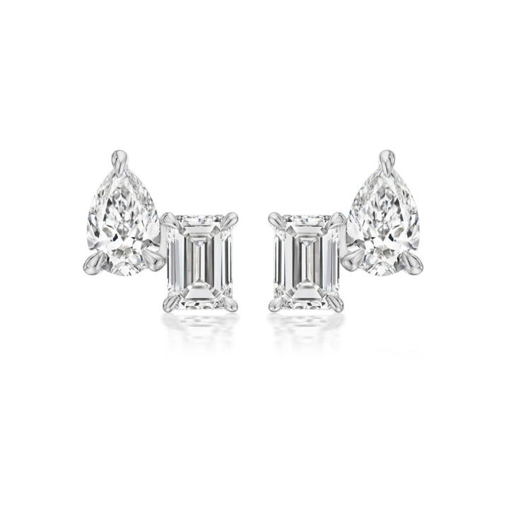 MIXED SHAPE DUO EMERALD CUT AND PEAR SHAPE DIAMOND STUDS