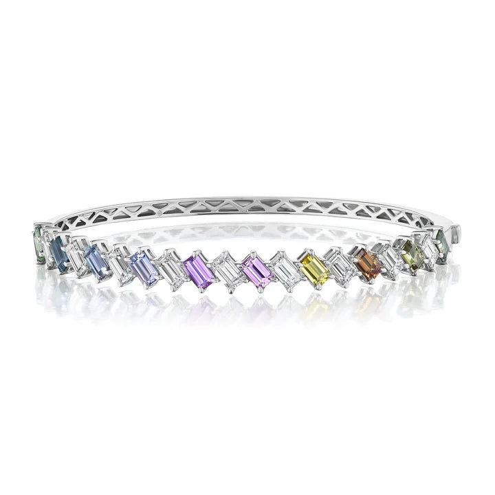 EMERALD CUT DIAMOND AND MULTICOLOR SAPPHIRE BANGLE IN WHITE GOLD