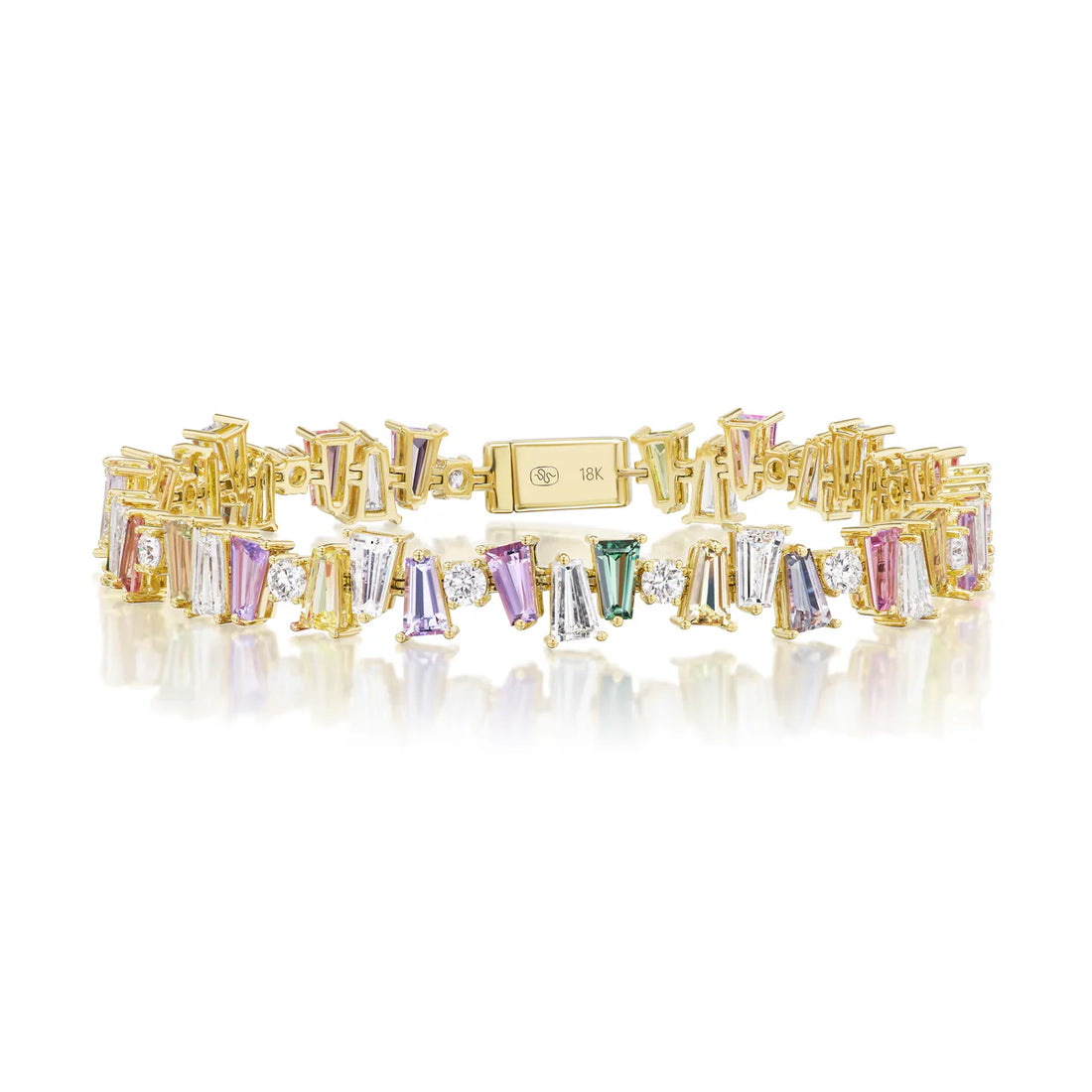 MULTICOLOR SHIELD CUT SAPPHIRE AND ROUND DIAMOND BANGLE