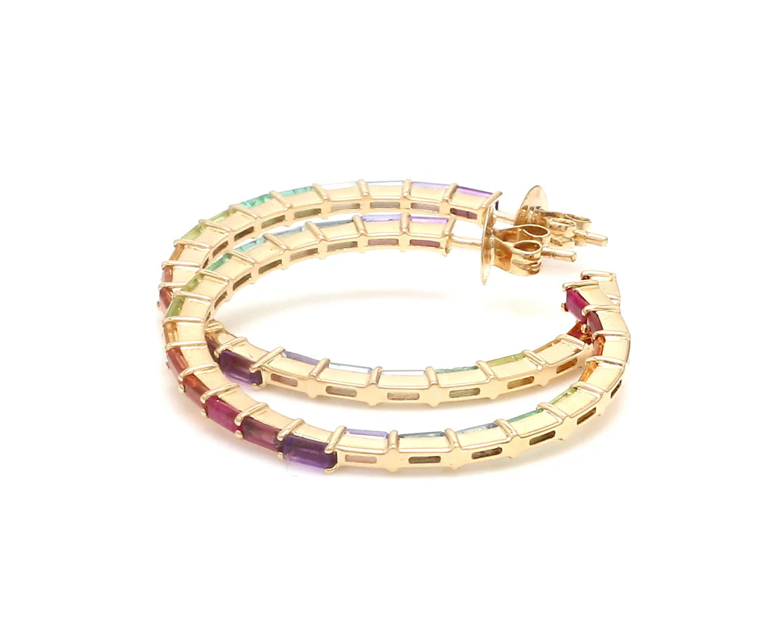 Rainbow Gemstone Baguette Thin Hoops