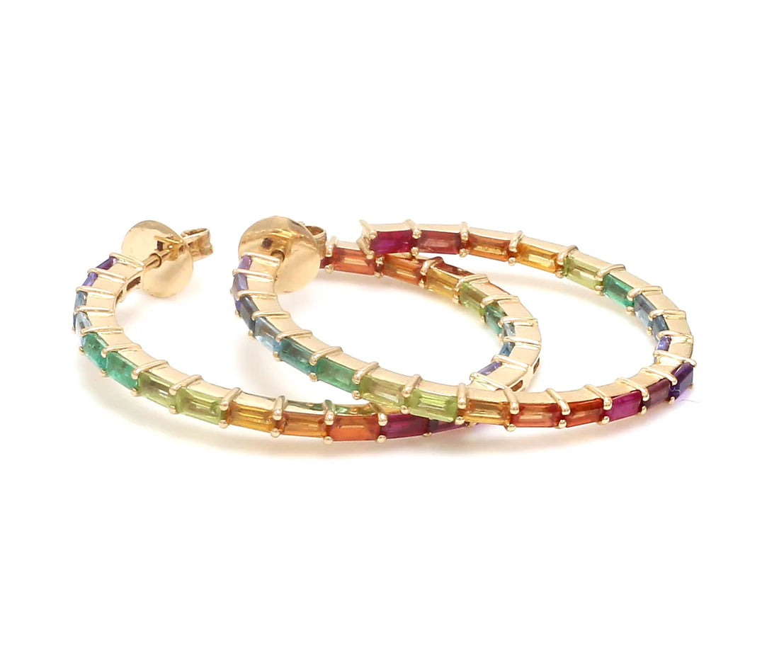 Rainbow Gemstone Baguette Thin Hoops