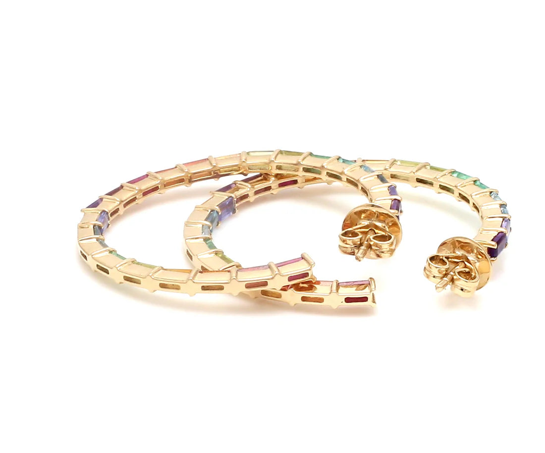 Rainbow Gemstone Baguette Thin Hoops