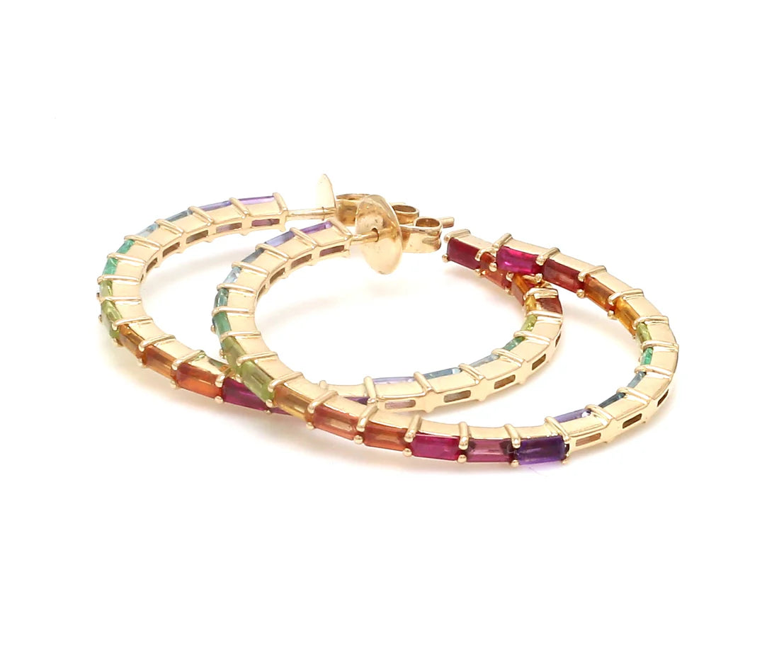 Rainbow Gemstone Baguette Thin Hoops