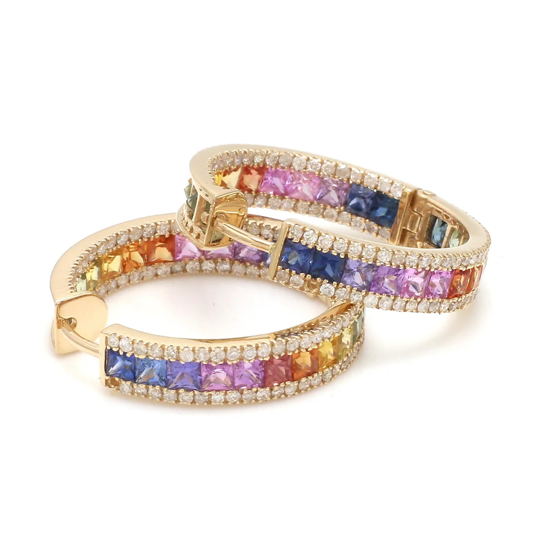 Rainbow Sapphire Princess Cut Diamond Hoops