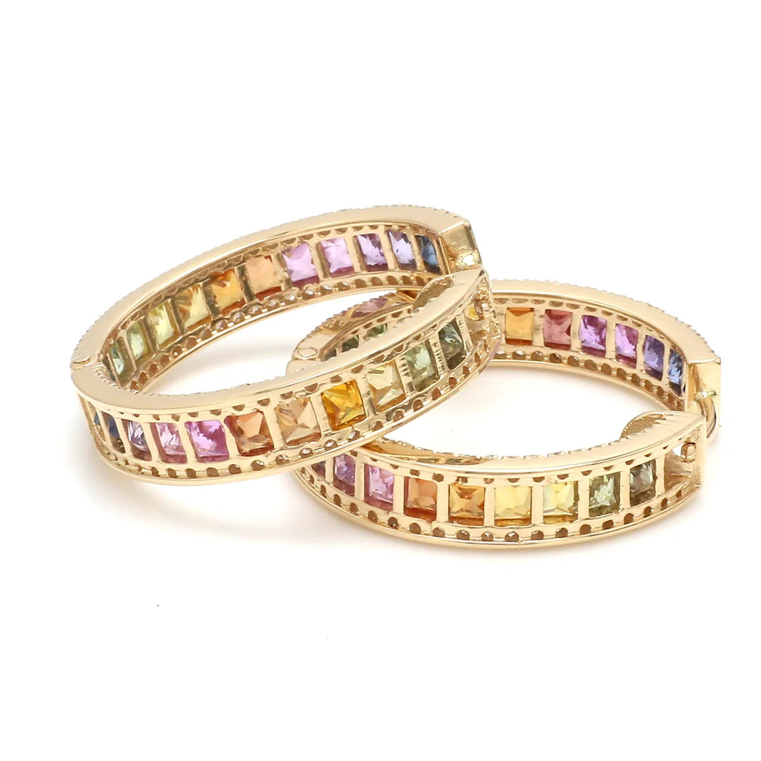 Rainbow Sapphire Princess Cut Diamond Hoops