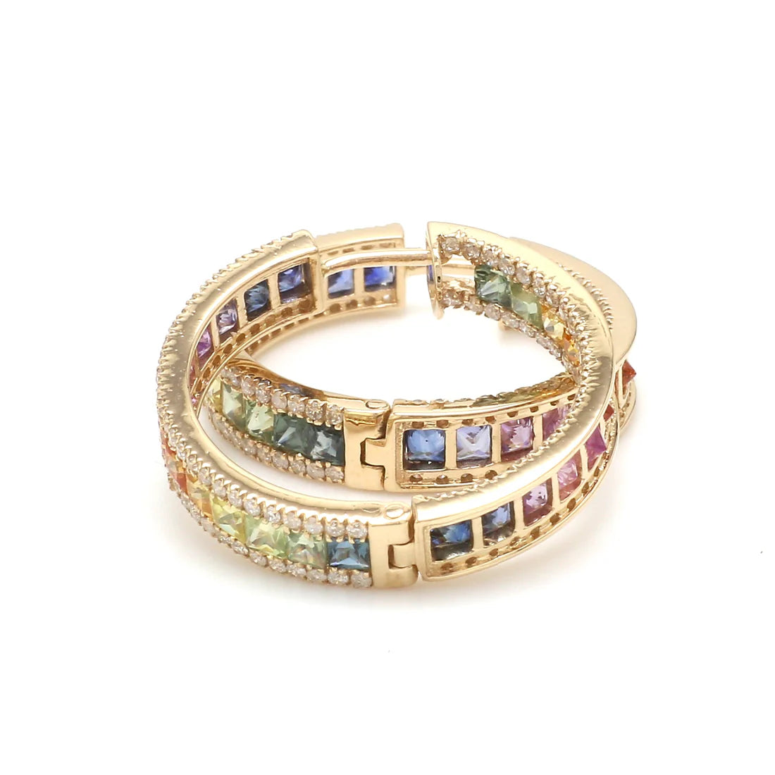 Rainbow Sapphire Princess Cut Diamond Hoops