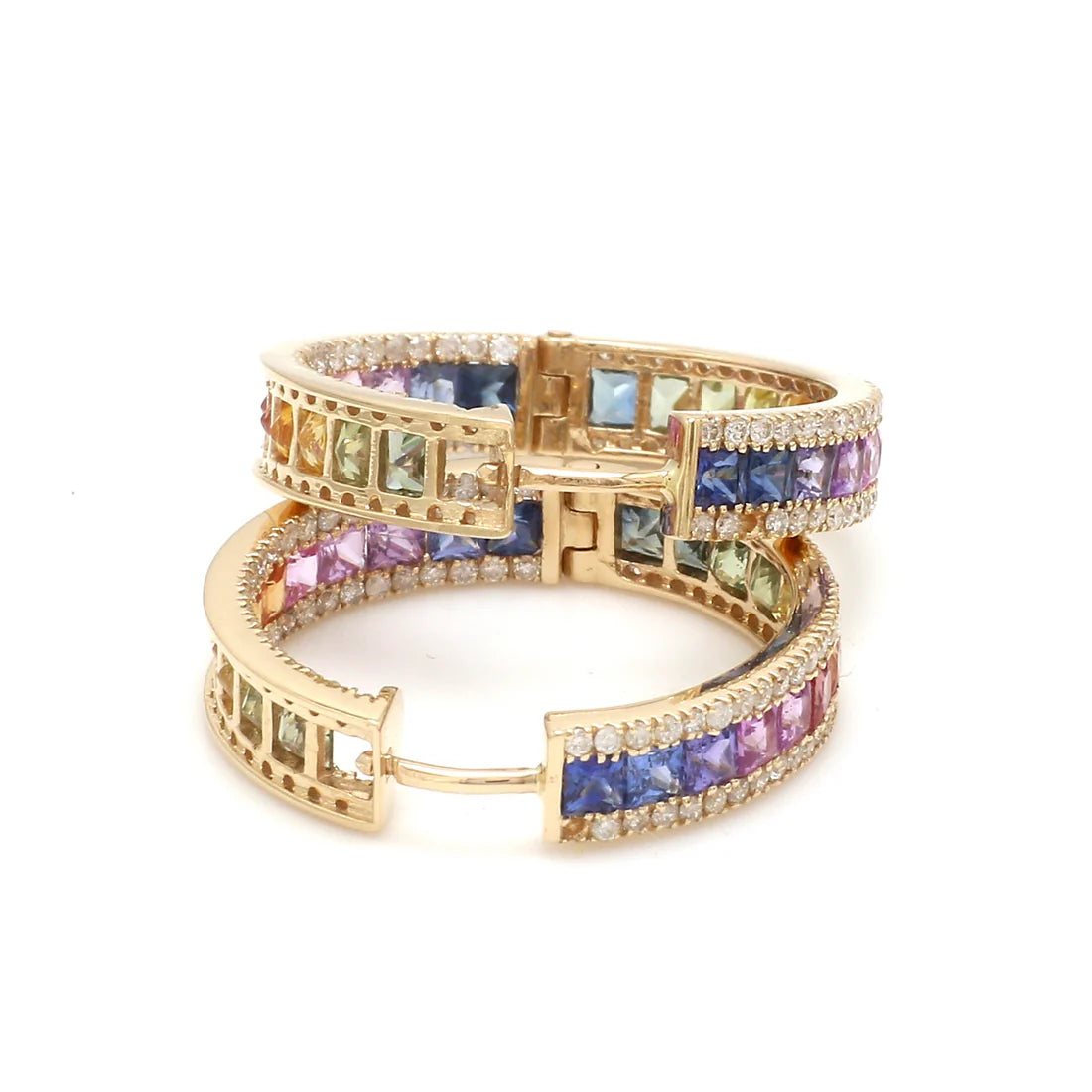 Rainbow Sapphire Princess Cut Diamond Hoops