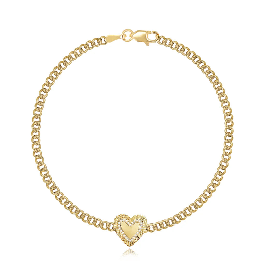 Fluted Outline Pave Heart Cuban Bracelet