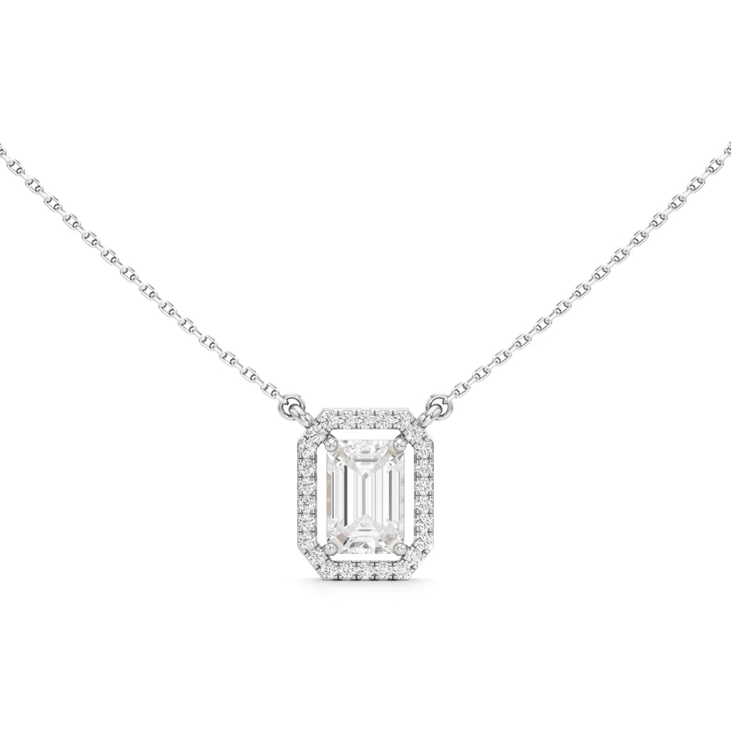 Emerald-Cut Halo Pendant Necklace