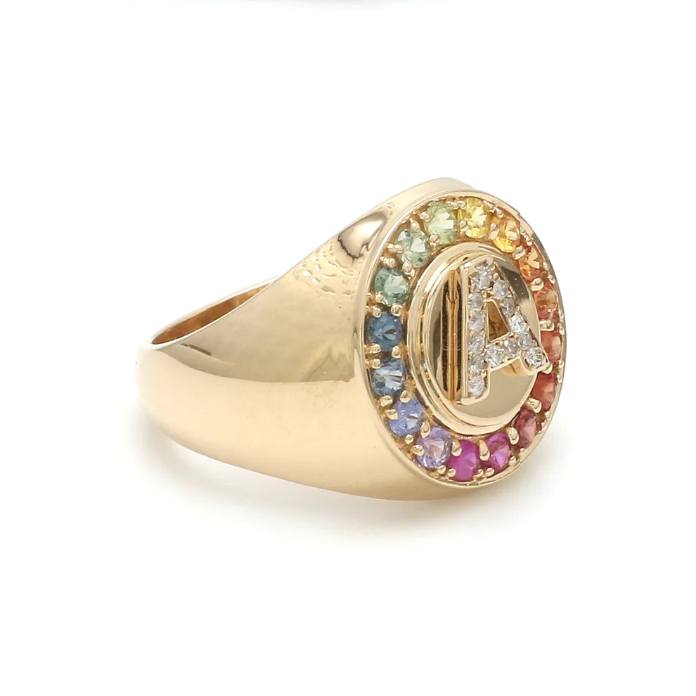 Personalized Rainbow Sapphire Letter Signet Ring