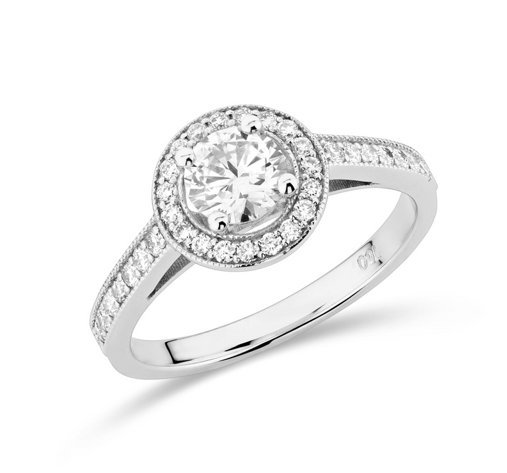 Halo diamond ring with side stones